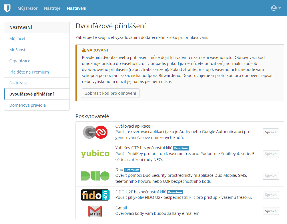 Nastavení 2FA pro Bitwarden účet